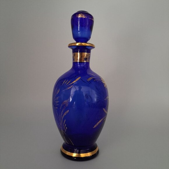 Vintage Cobalt Blue & Gold Glass Decanter With Floral Design - Picture 7 of 16